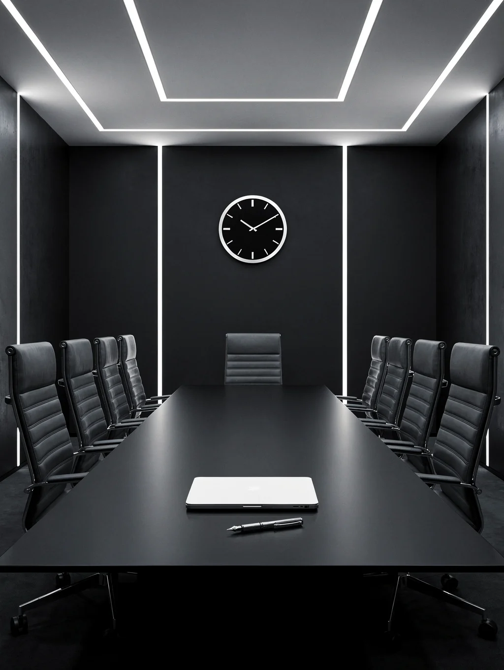 Minimalist boardroom table with architectural lighting and leather-bound documents