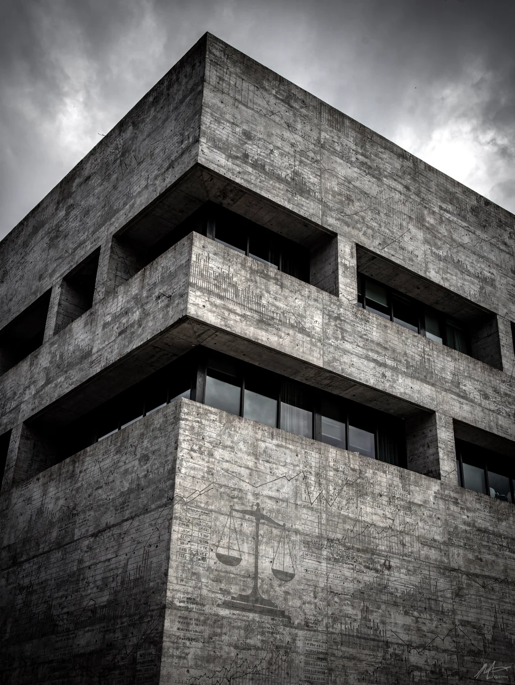 Brutalist architectural detail emphasizing strength and institutional stability